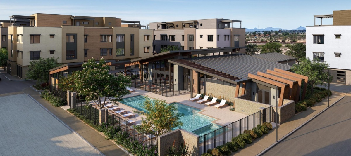 A rendering of Atavia's outdoor amenities, featuring a modern condo building, landscaped pool area with lounge chairs, and communal spaces surrounded by greenery.
