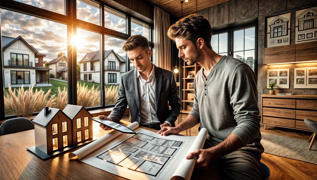 A Realtor and home buyer go over floor plans.