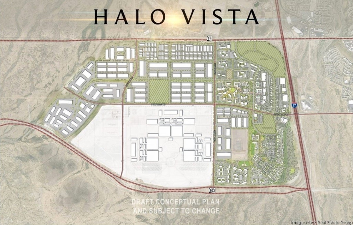 A conceptual site plan for the Halo Vista development in Arizona, showing a large-scale mixed-use layout with residential, commercial, and industrial zones. The plan includes structured sections with clustered buildings, green spaces, and roadways.
