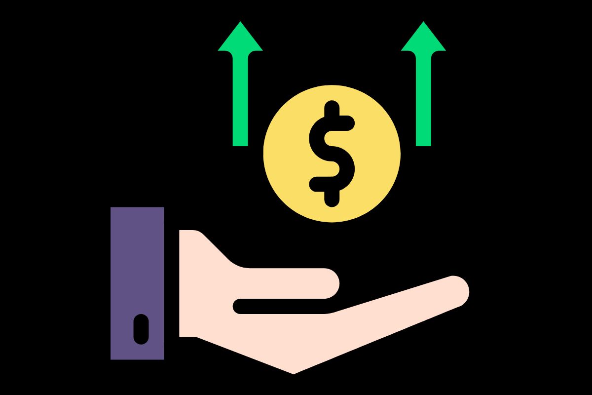 Illustration of a hand holding a dollar coin with green upward arrows, representing rising income or financial gain.