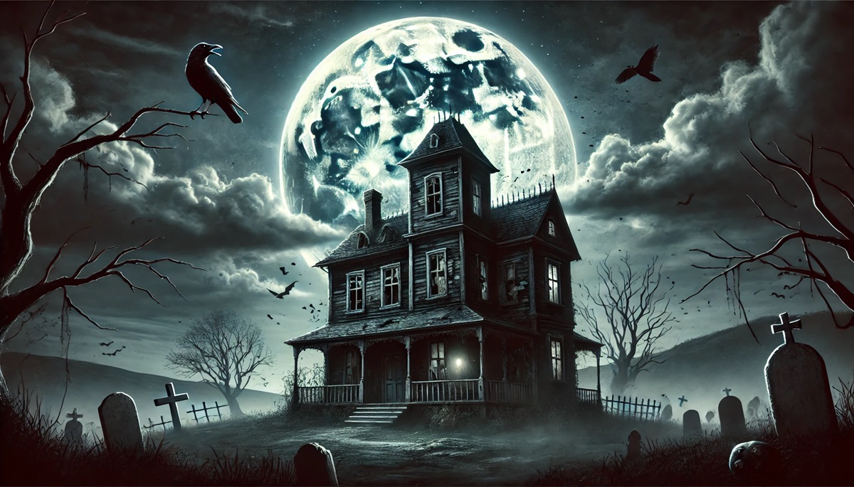 A haunted Victorian house in a graveyard under a full moon, with crows, bare trees, and gravestones.