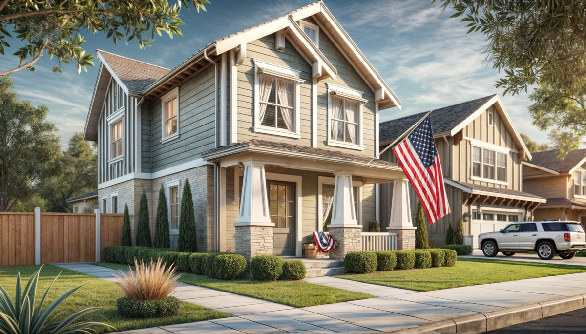Suburban home with a large American flag hanging by the front porch, featuring neat landscaping.