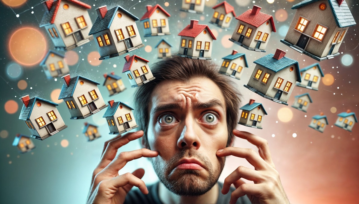 Close-up of a person's confused face with wide eyes and raised eyebrows, staring at several small, floating houses in front of them. The houses vary in size, adding a whimsical, surreal effect.