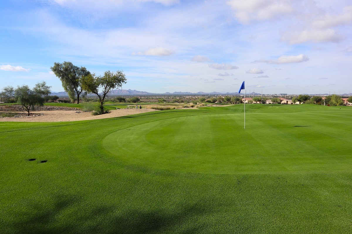 Golf green with a flag, trees, and a view of the distant mountains under a partly cloudy sky.