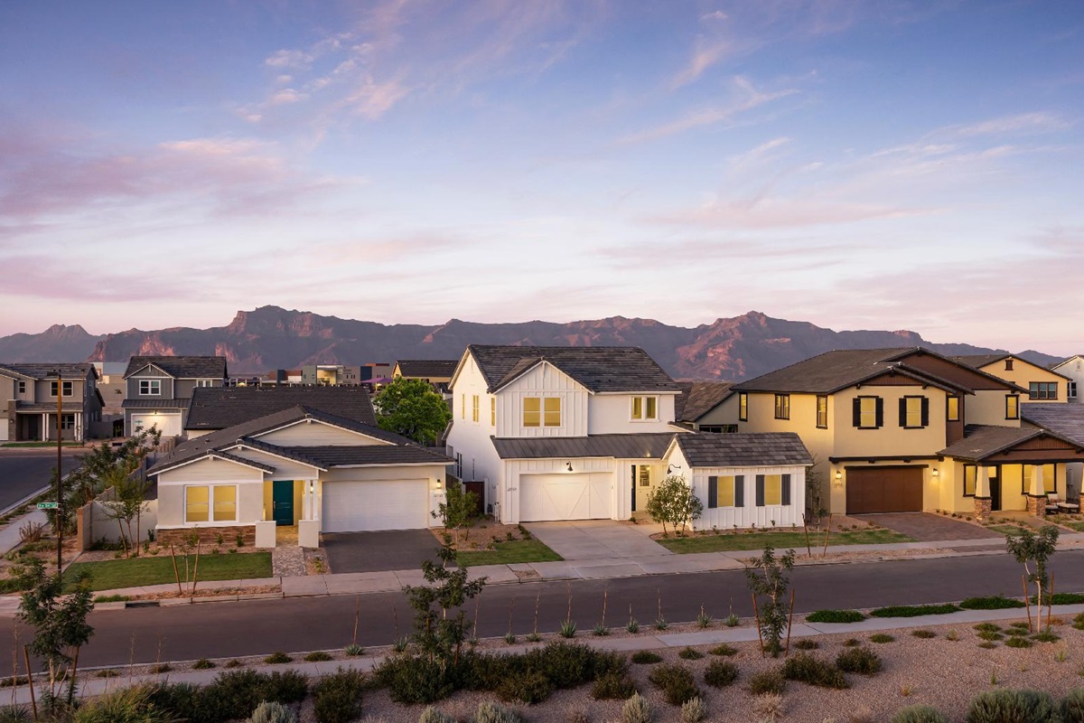 This rendering shows The Preserve at San Tan by Toll Brothers, with modern homes set against the stunning backdrop of the San Tan Mountains.