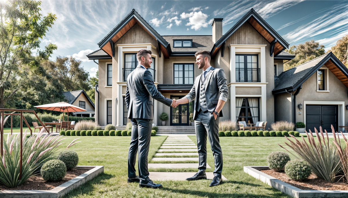 A Realtor shakes hands with a home buyer in front of a new property.