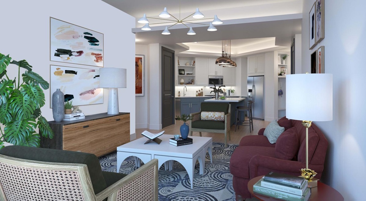 Rendering of a living room at The Beverly luxury apartments in Scottsdale.