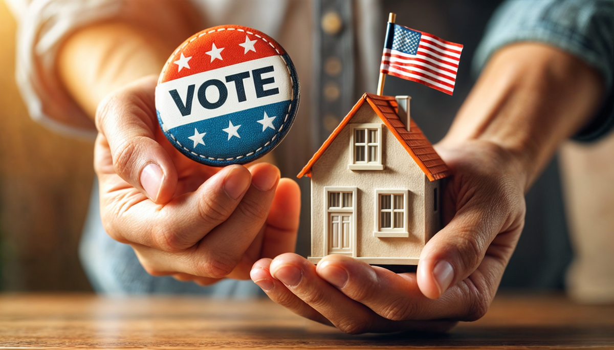 Close-up of hands holding a “Vote” button and a small model house with an American flag on the roof.