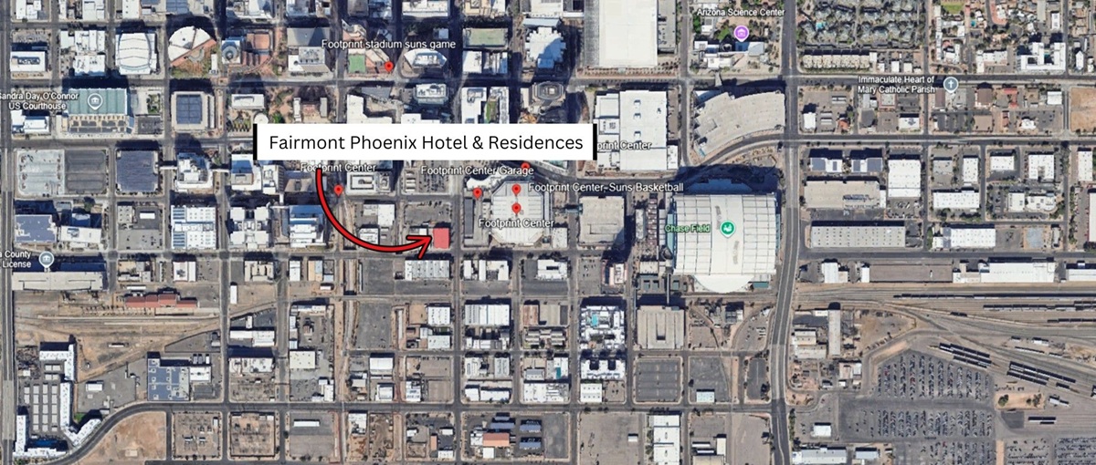 Aerial map showing the location of the Fairmont Phoenix Hotel & Residences, highlighted in red, situated near the Footprint Center and Chase Field in downtown Phoenix.