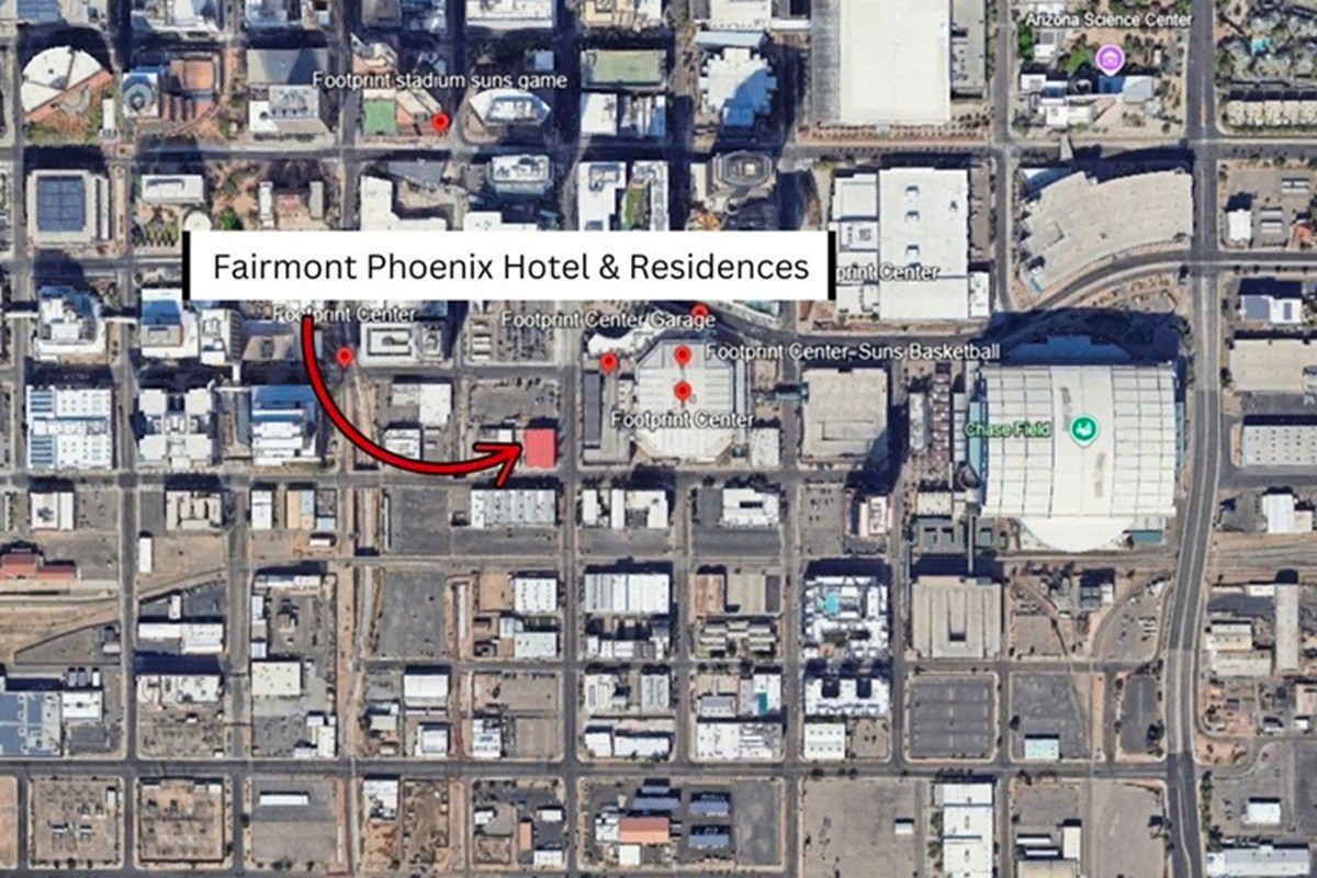 Aerial map showing the location of the Fairmont Phoenix Hotel & Residences, highlighted in red, situated near the Footprint Center and Chase Field in downtown Phoenix.