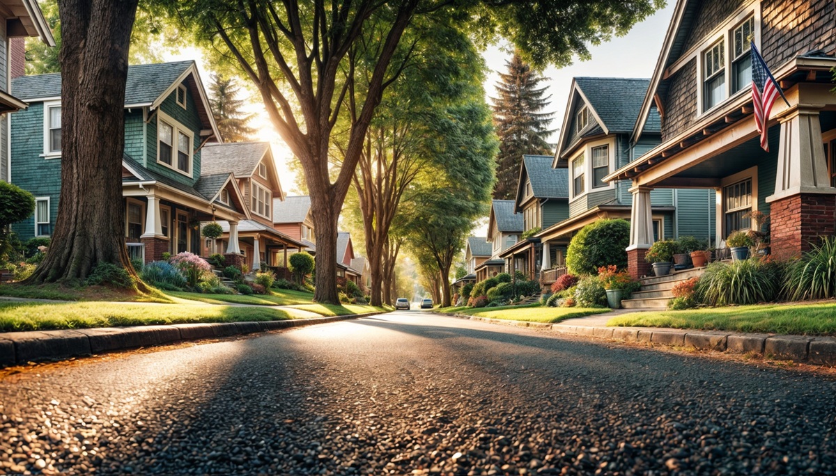 A peaceful neighborhood street with charming houses and lush greenery.