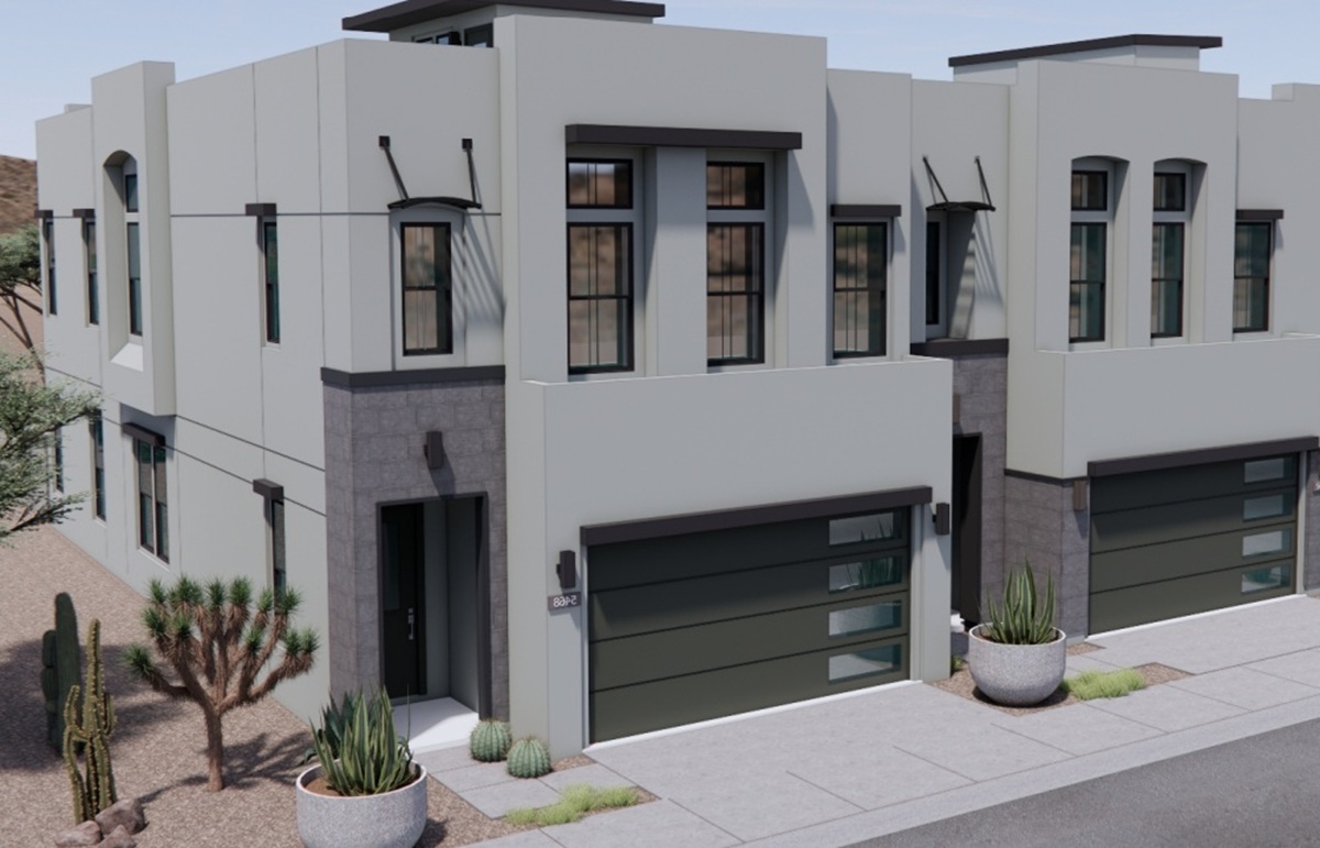 Rendering of Aria Townhomes with contemporary architecture and desert landscaping.