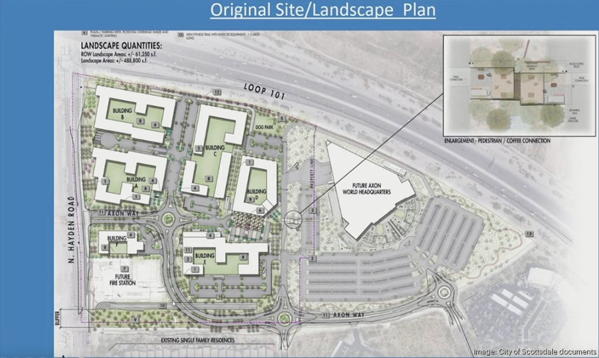 The initial site plan for Axon's North Scottsdale campus, featuring multiple buildings, a dog park, and detailed landscape layouts.