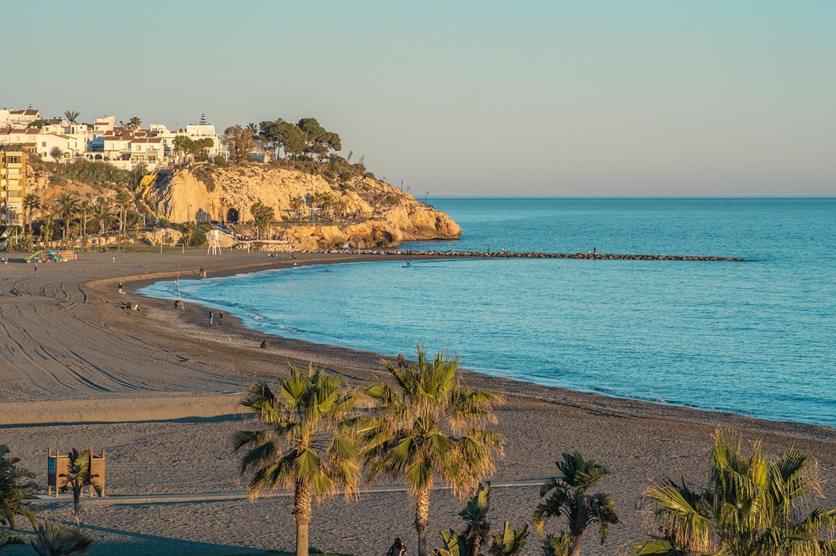 A scenic beach with palm trees, cliffs, and calm blue waters along the coastline.