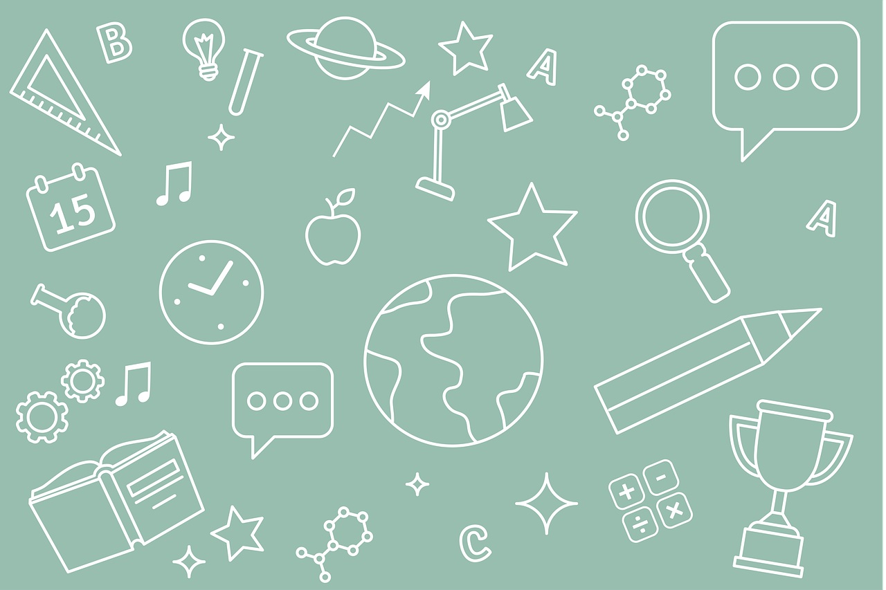 A chalkboard background filled with simple white line drawings of school-related items such as a globe, apple, pencil, and ruler.