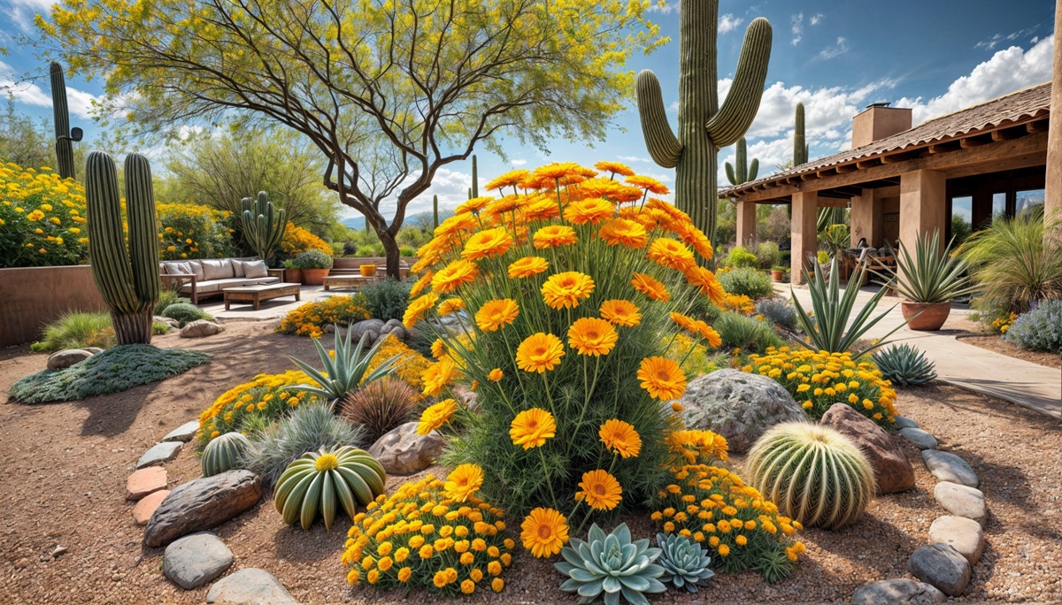 Rendering of a Desert Marigold in a desert landscaped backyard.