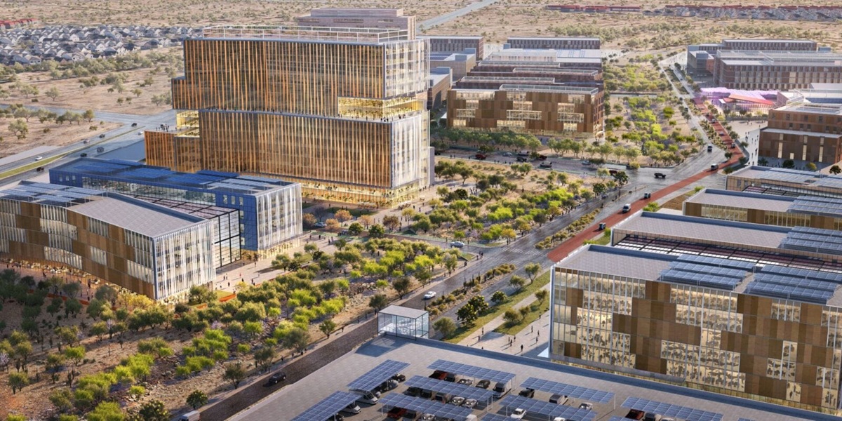 A render of Discovery Oasis in North Phoenix, featuring modern buildings, desert landscaping, and sustainable design across a 120-acre development.