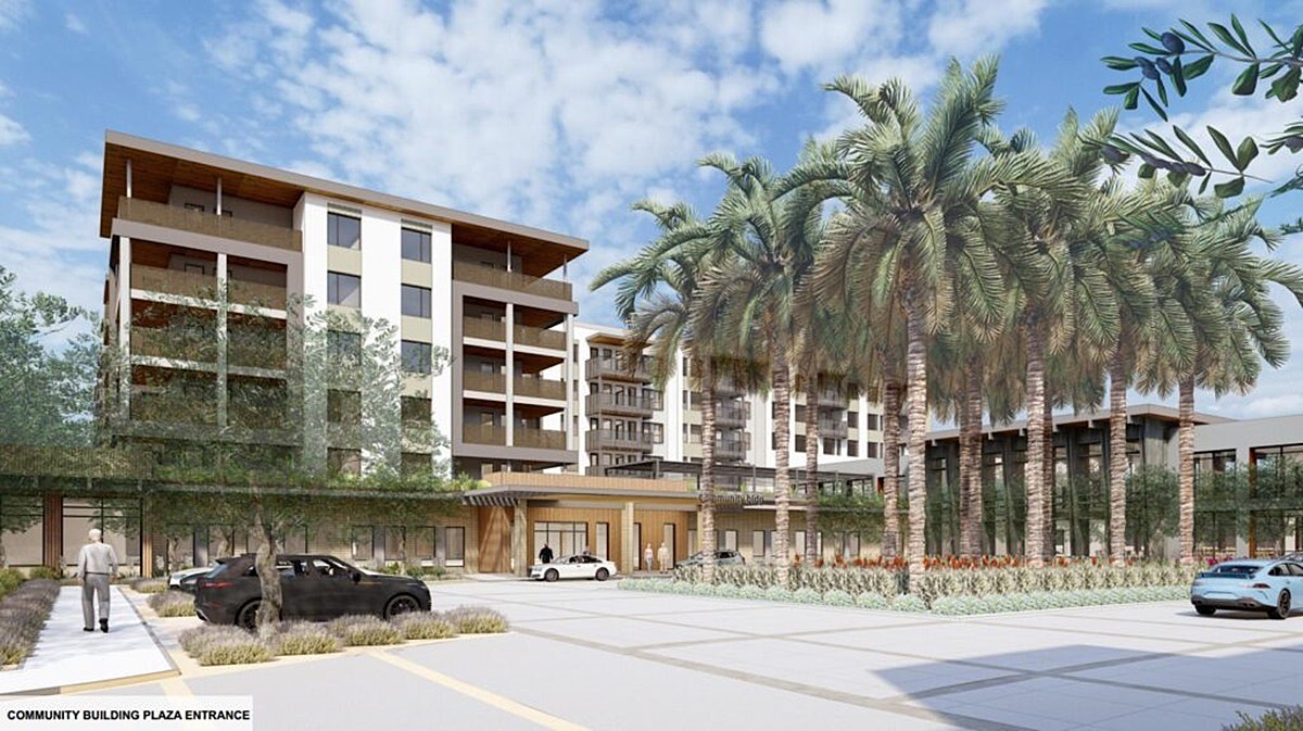 Rendering of Erickson Scottsdale senior living community entrance with palm trees, landscaped walkways, and a modern multi-story building.