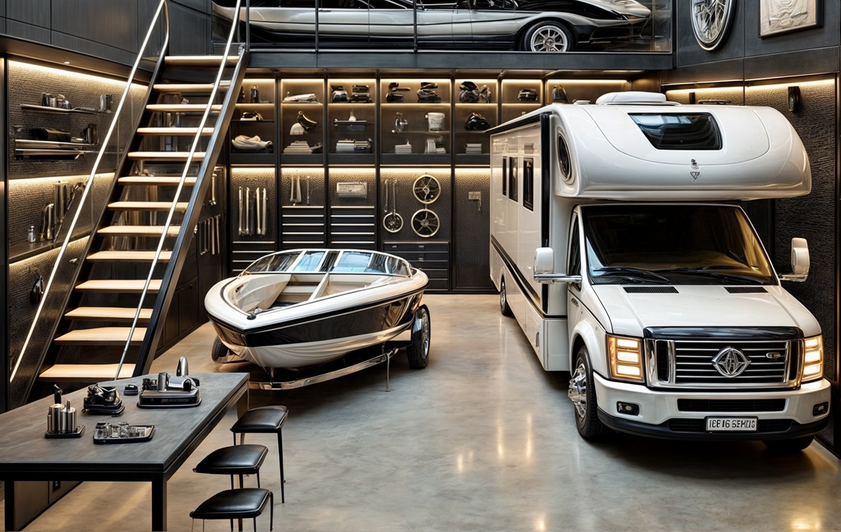 A high-end storage unit with a motorhome, speedboat, loft, and sleek shelving. Polished stairs and bright LED lighting create a modern, industrial look.