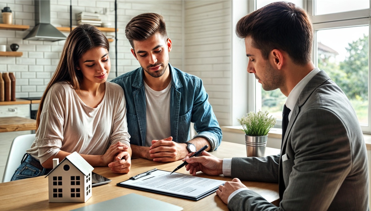 A Realtor discussing a contract with clients in a bright, modern office.