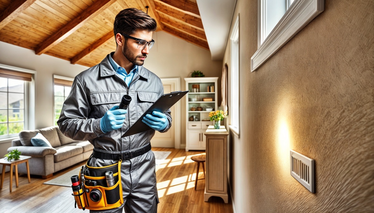 A home inspector indoors, holding a clipboard and flashlight, inspects a wall vent in a bright, well-maintained living space.
