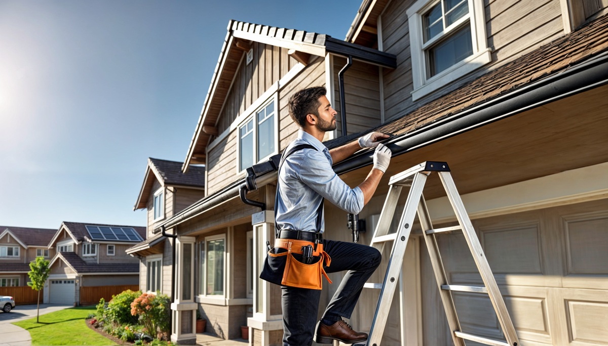 A home inspector carefully examines the roofline and gutters of a suburban home while standing on a ladder, wearing safety gear.