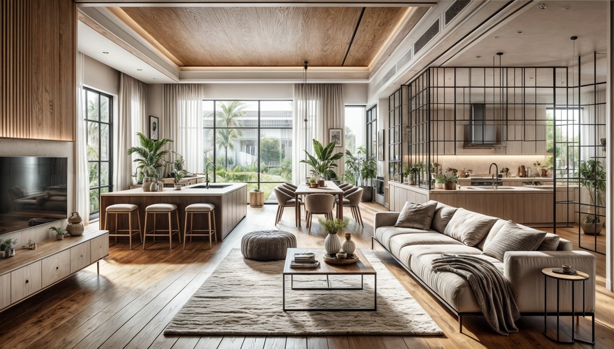 A stylish living and kitchen area with sleek decor and natural lighting.