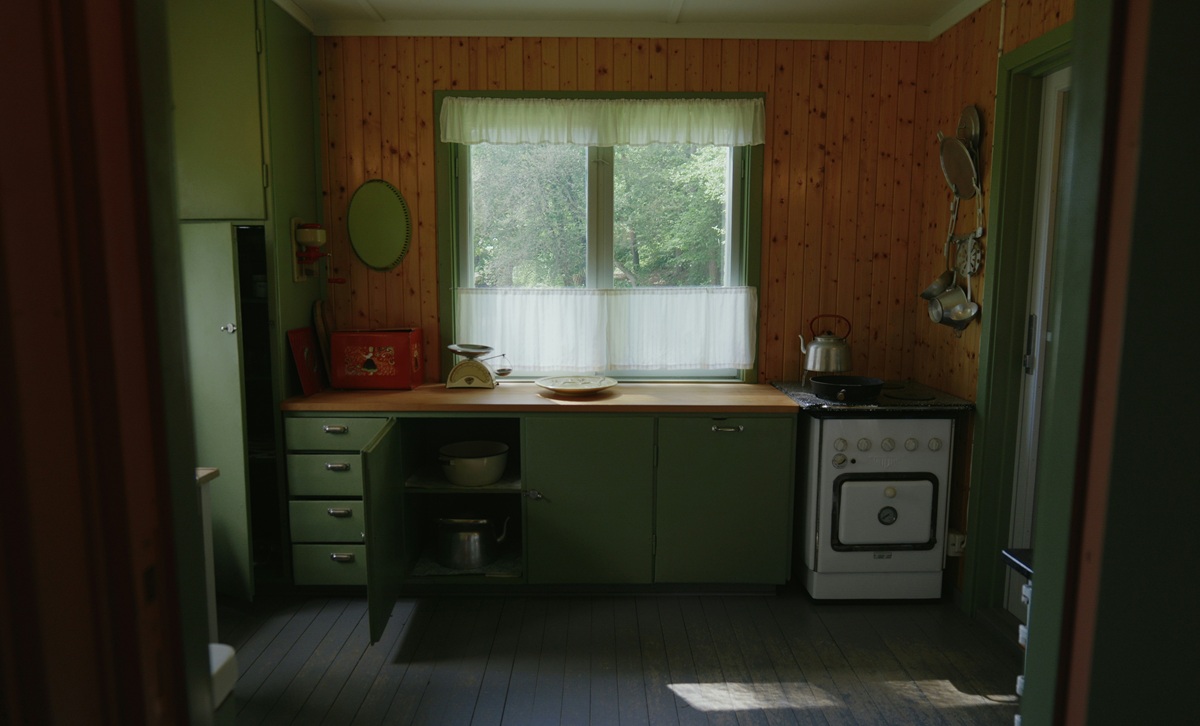 Rustic kitchen with green cabinets, wood paneling, and vintage appliances. Natural light through curtains.
