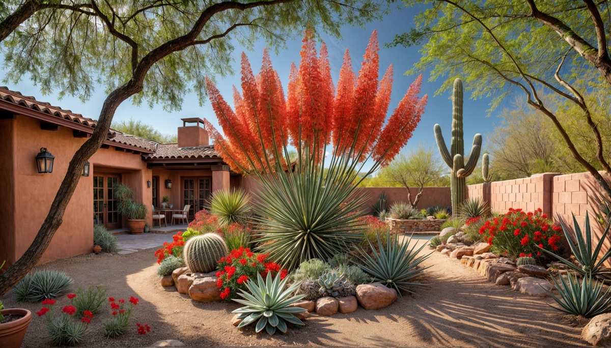 Rendering of a Red Yucca in a desert landscaping environment.