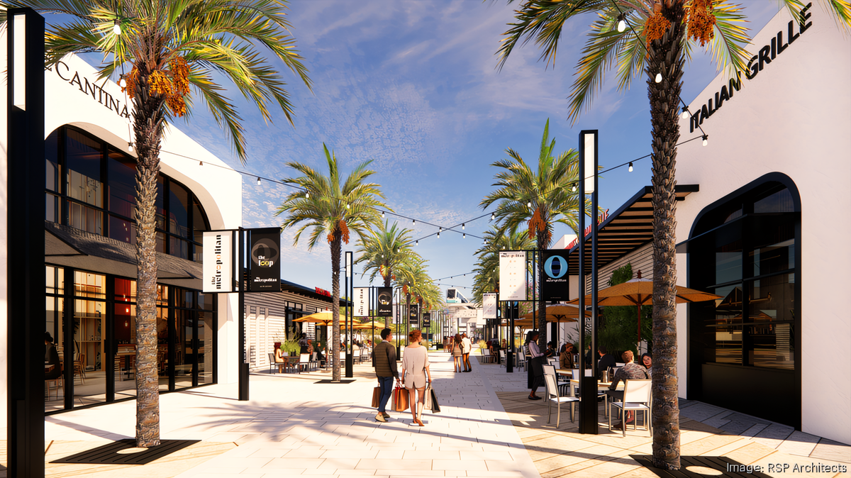 Rendering of the Metropolitan’s retail walkway with palm trees.