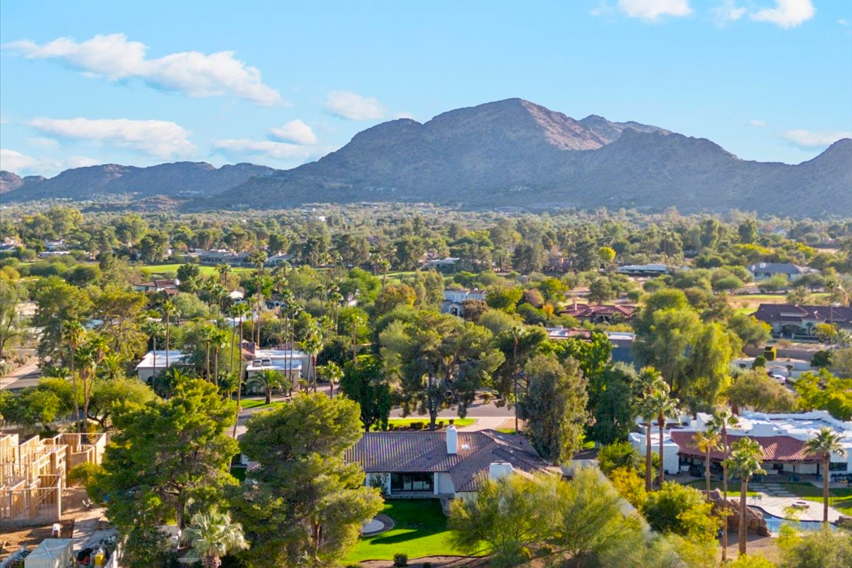 A scenic view of a Arizona neighborhood with palm trees and mountains in the background under a bright blue sky.