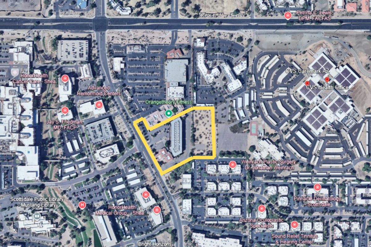 A top-down map view showing where Mercado Village is located in Scottsdale, Arizona.