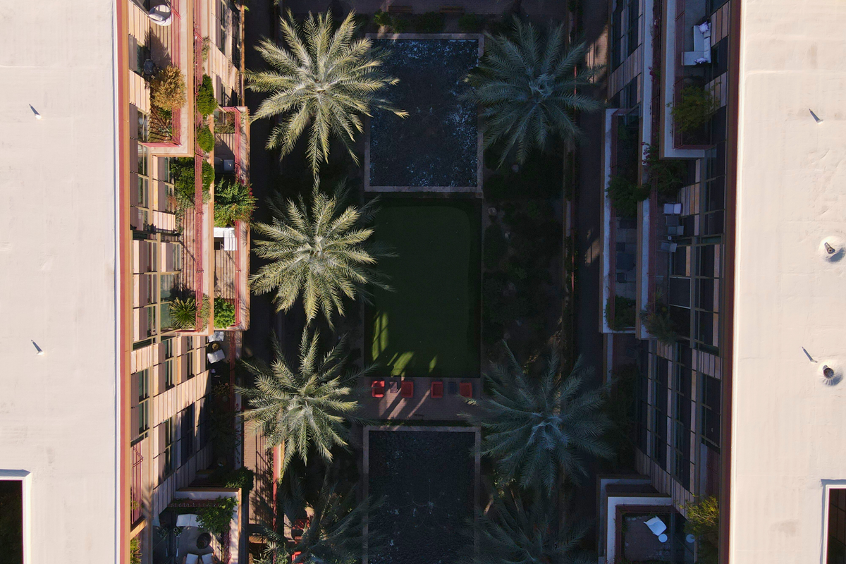 A drone photo of Optima Camelview Village in Old Town Scottsdale on a sunny day.
