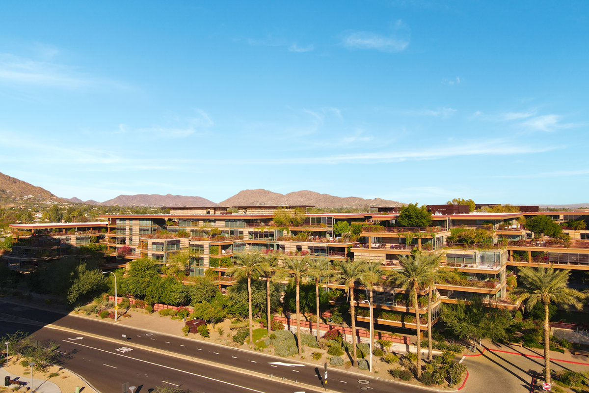 A drone photo of Optima Camelview Village in Old Town Scottsdale on a sunny day.
