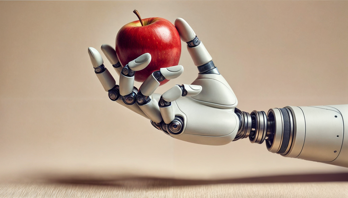 Rendering of a robotic hand holding an apple.