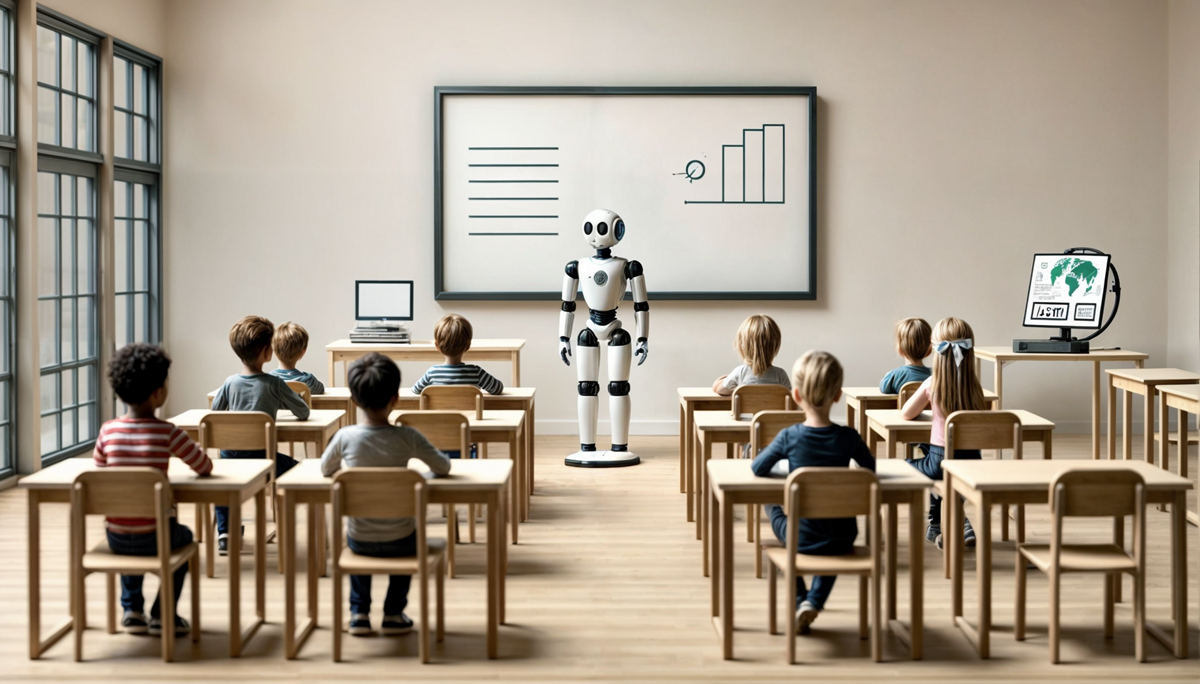 Rendering of a robot standing in front of a classroom.