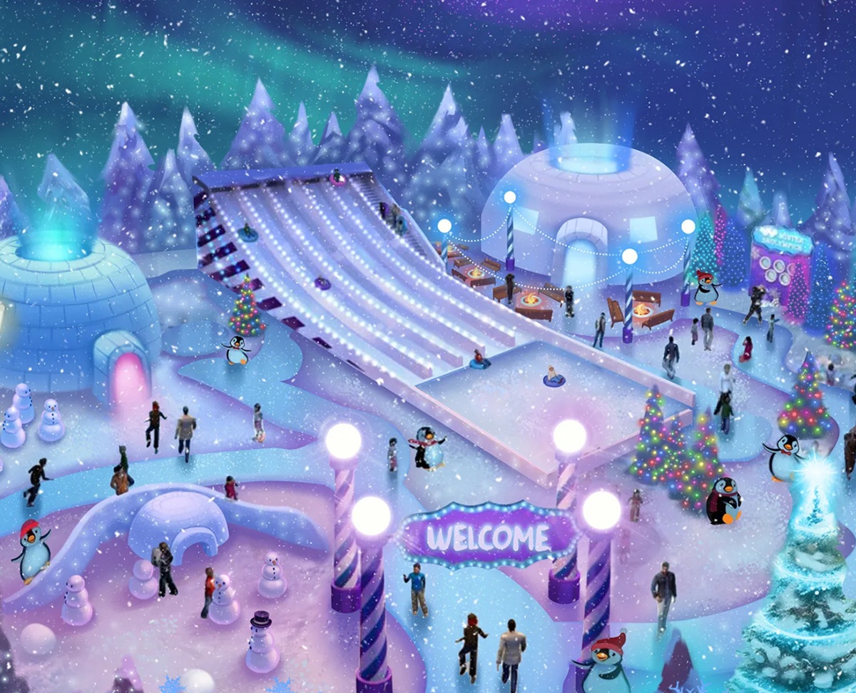 A snowy holiday-themed park featuring slides, igloos, snowmen, festive lights, and people enjoying various winter activities.