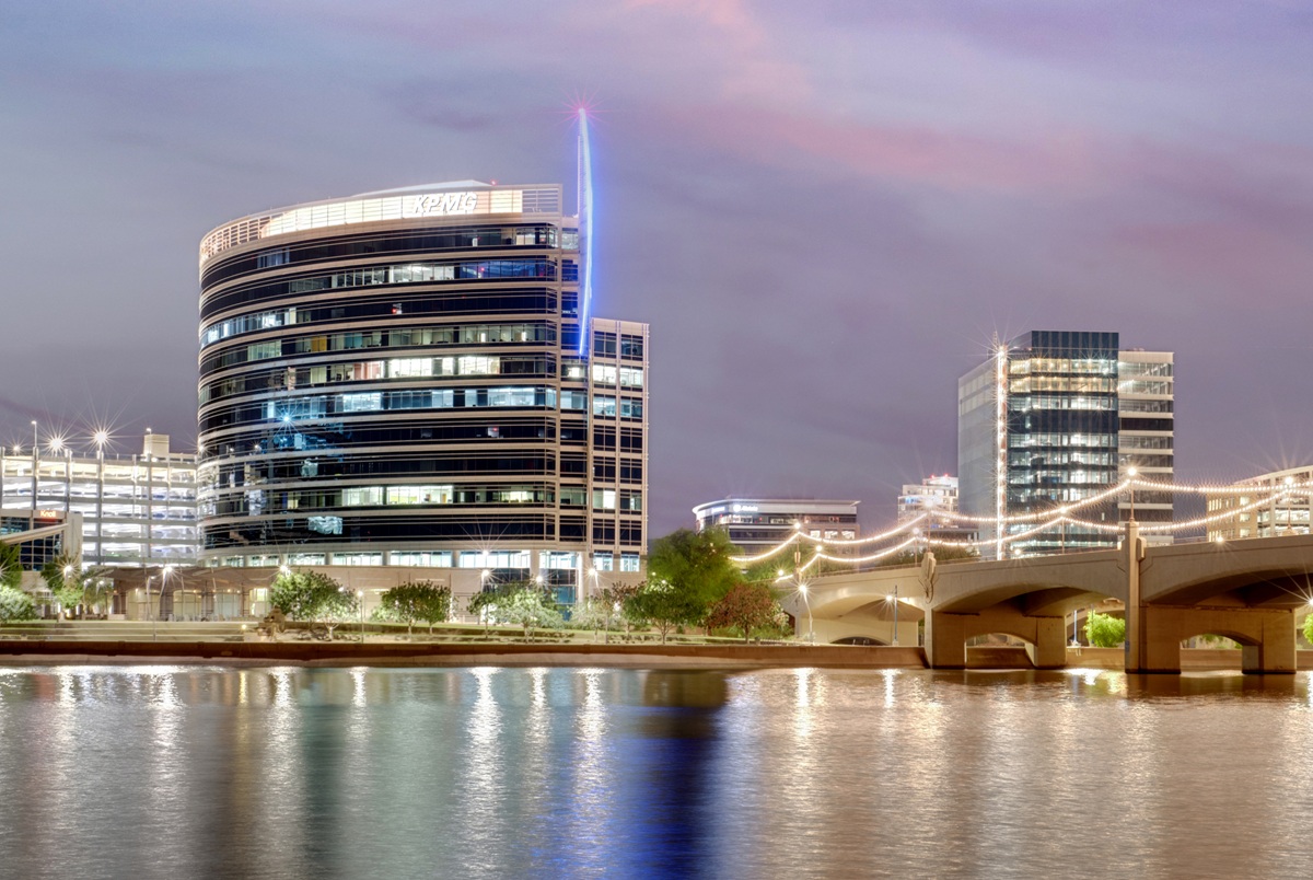 The Hayden Ferry Lakeside III building in Tempe, Arizona seen at night.