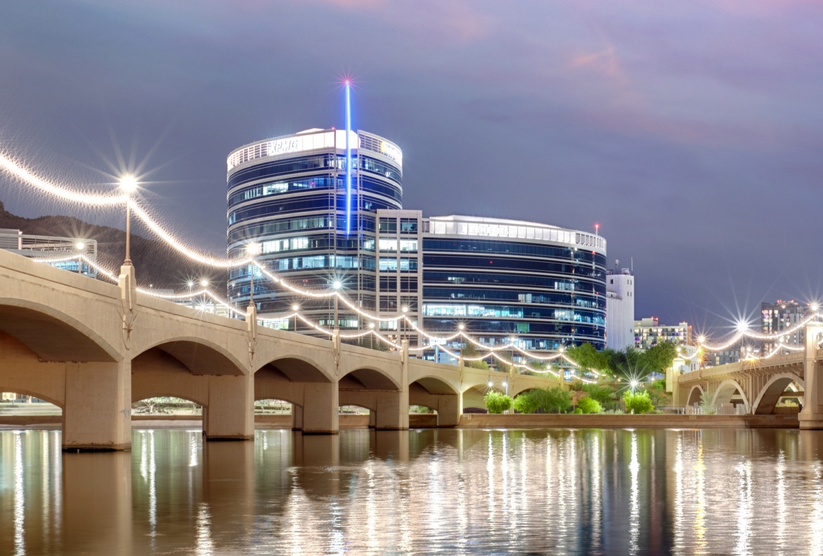 The Hayden Ferry Lakeside III building in Tempe, Arizona seen at night.
