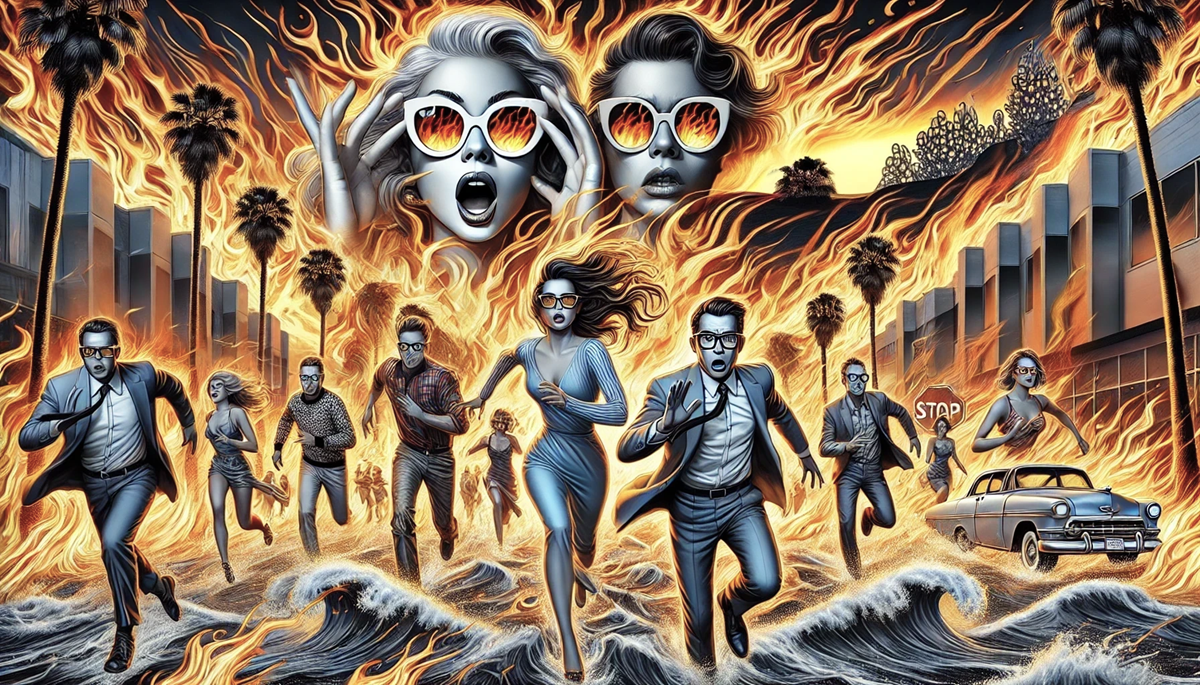 A surreal scene with panicked individuals running from flames engulfing a cityscape, with dramatic sunglasses reflecting the fire and oversized faces looming in the background.