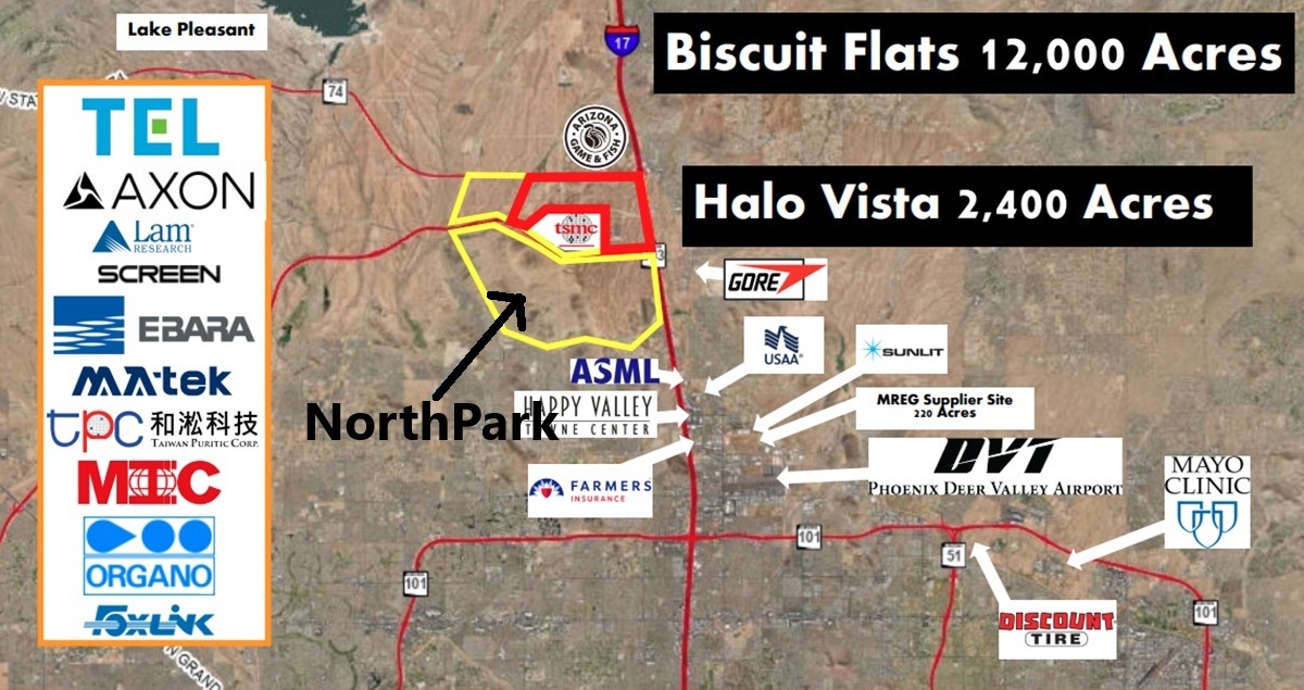 A map highlighting key industrial zones, including Biscuit Flats, Halo Vista, TSMC, and NorthPark.
