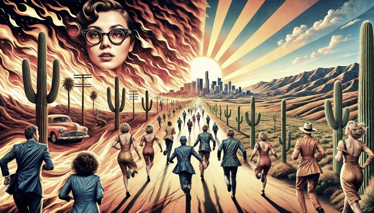 A group of people running toward a futuristic city on the horizon, with a fiery backdrop transitioning into a radiant sunrise, surrounded by cacti and desert terrain.