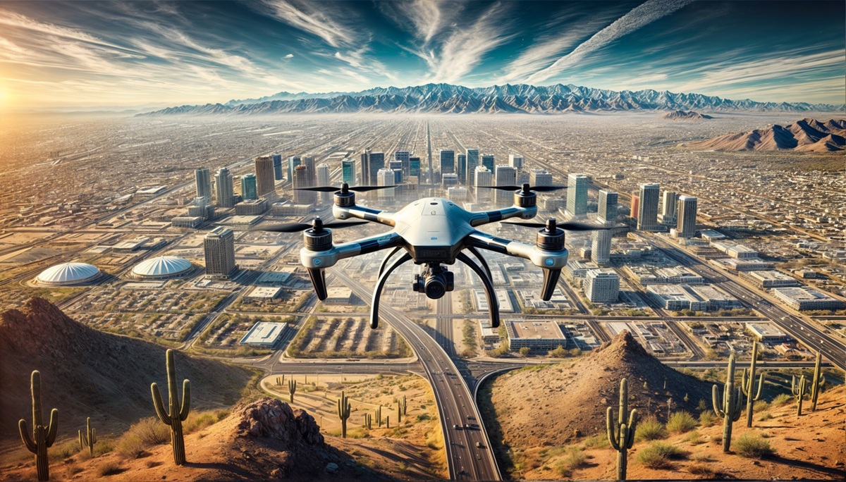 A drone flying over a modern cityscape surrounded by desert, featuring tall skyscrapers, cacti, and rugged mountains under a vibrant sky.