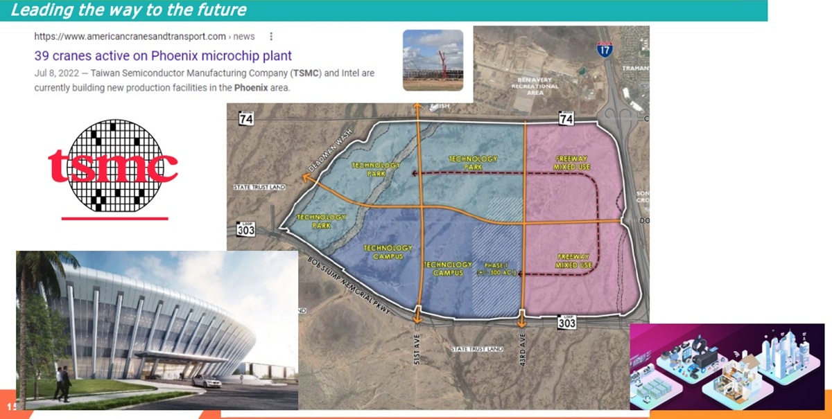 A schematic of TSMC's role in the broader industrial and technology park plan, indicating phases of construction and proposed mixed-use areas.