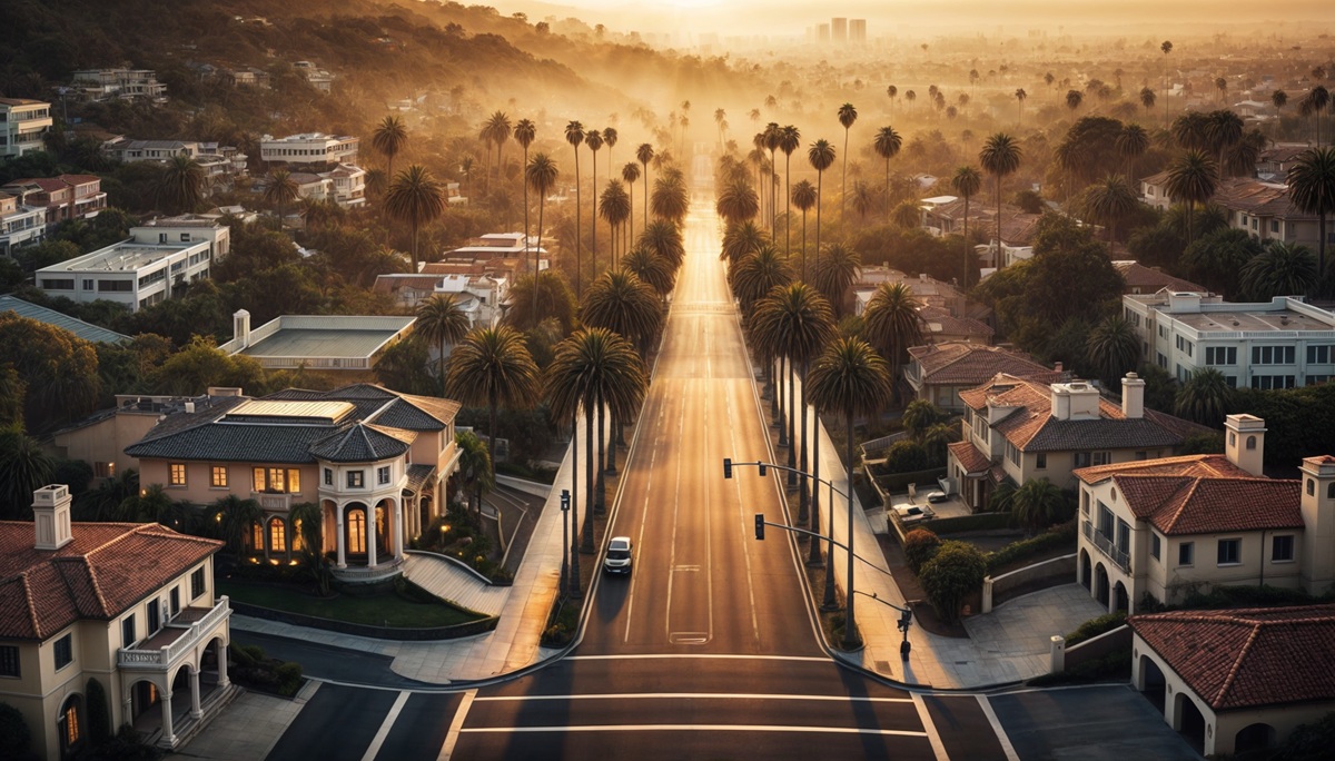 A hauntingly quiet view of a palm-lined street in Beverly Hills with no visible activity, bathed in golden light.
