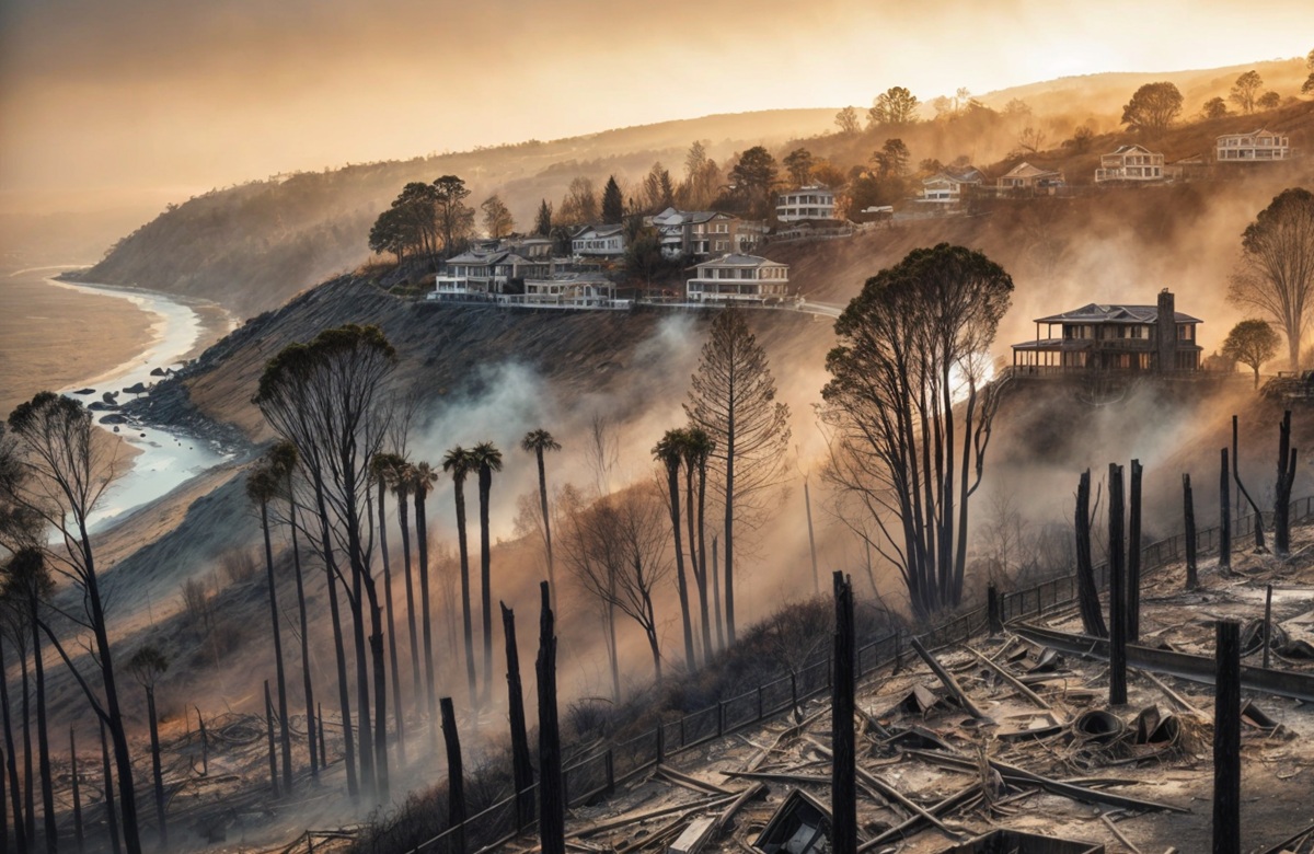 A smoky, burnt hillside with scattered remains of trees and charred vegetation overlooking the coastline.