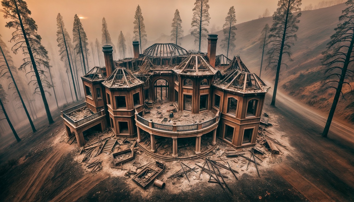 A dramatic image of a destroyed mansion surrounded by charred trees and debris, illustrating the devastation of wildfires.