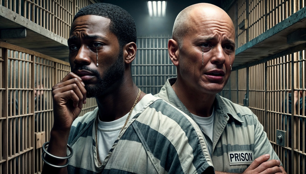 Rendering of two prisoners crying behind bars.