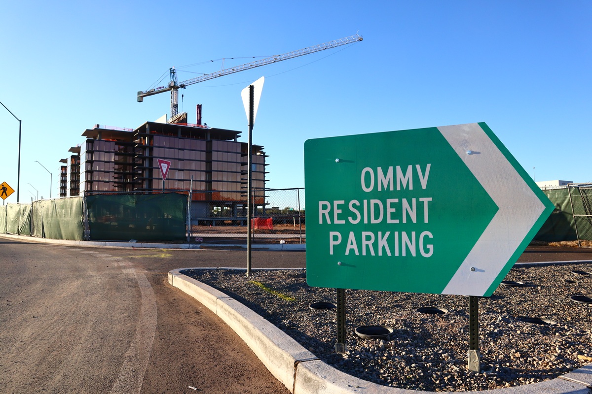 A sign for residents of Optima McDowell Mountain in Scottsdale, Arizona.
