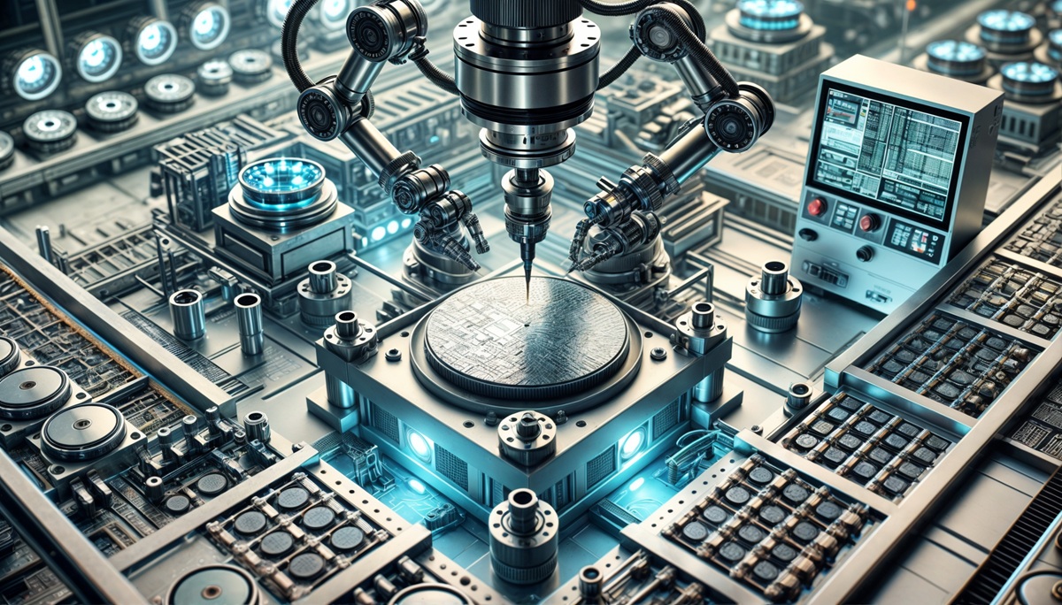 Robotic arms working on a 300mm silicon wafer in a high-tech semiconductor lab, surrounded by advanced machinery and glowing blue LED lights.
